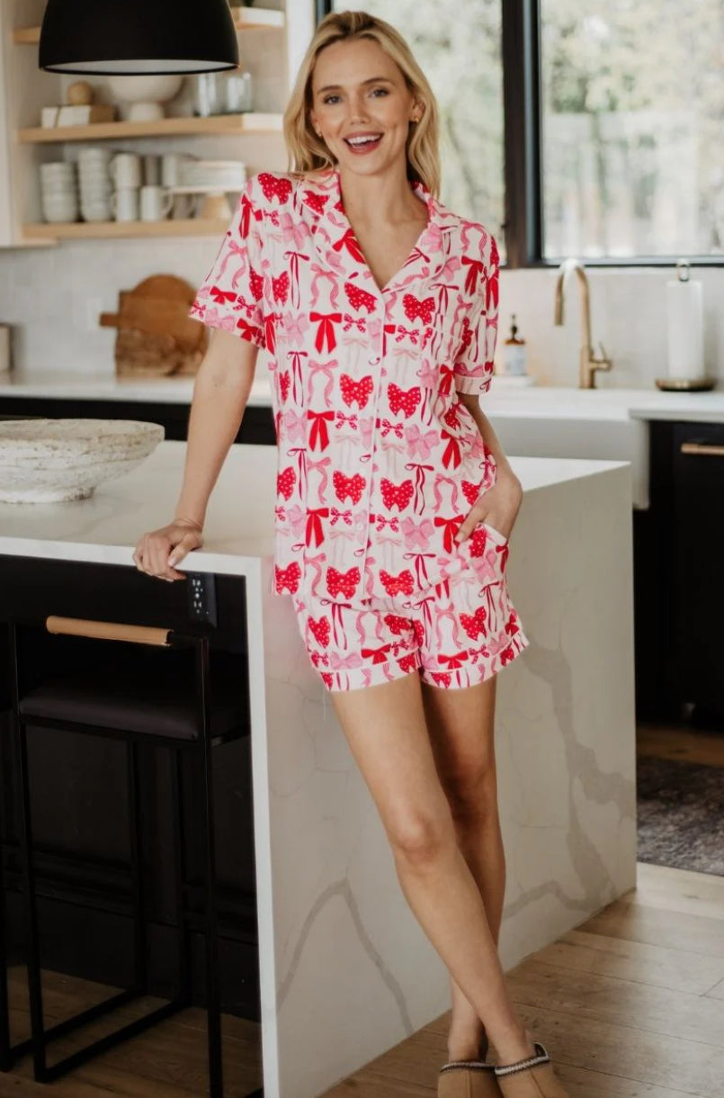 PINK & RED COQUETTE BOWS PJ SHORTS SET