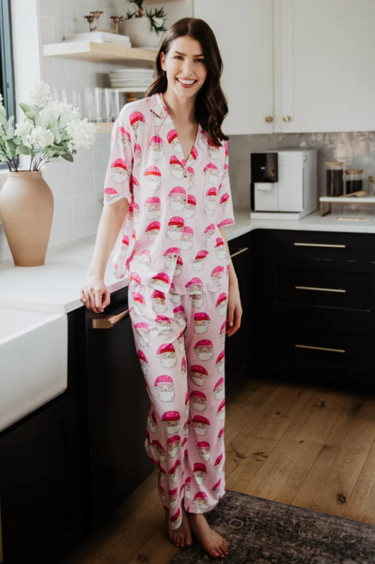 Pink Santa Face Holiday PJ set